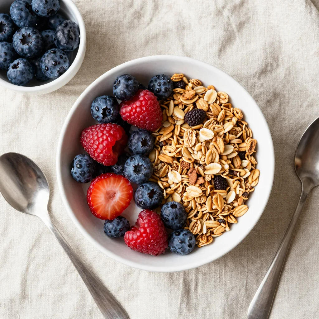 An overhead flat lay of a breakfast bowl with berries and granola on linen