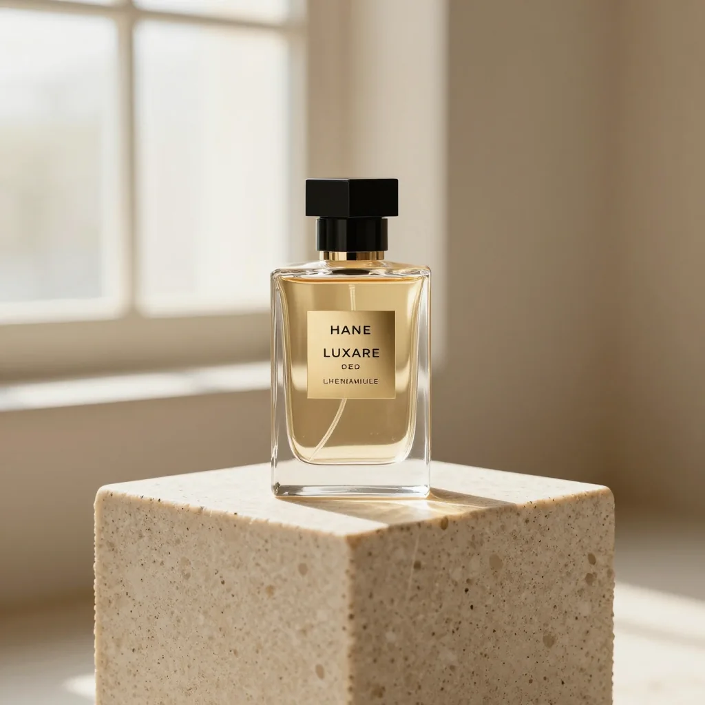 A luxury perfume bottle on a travertine podium in soft morning light