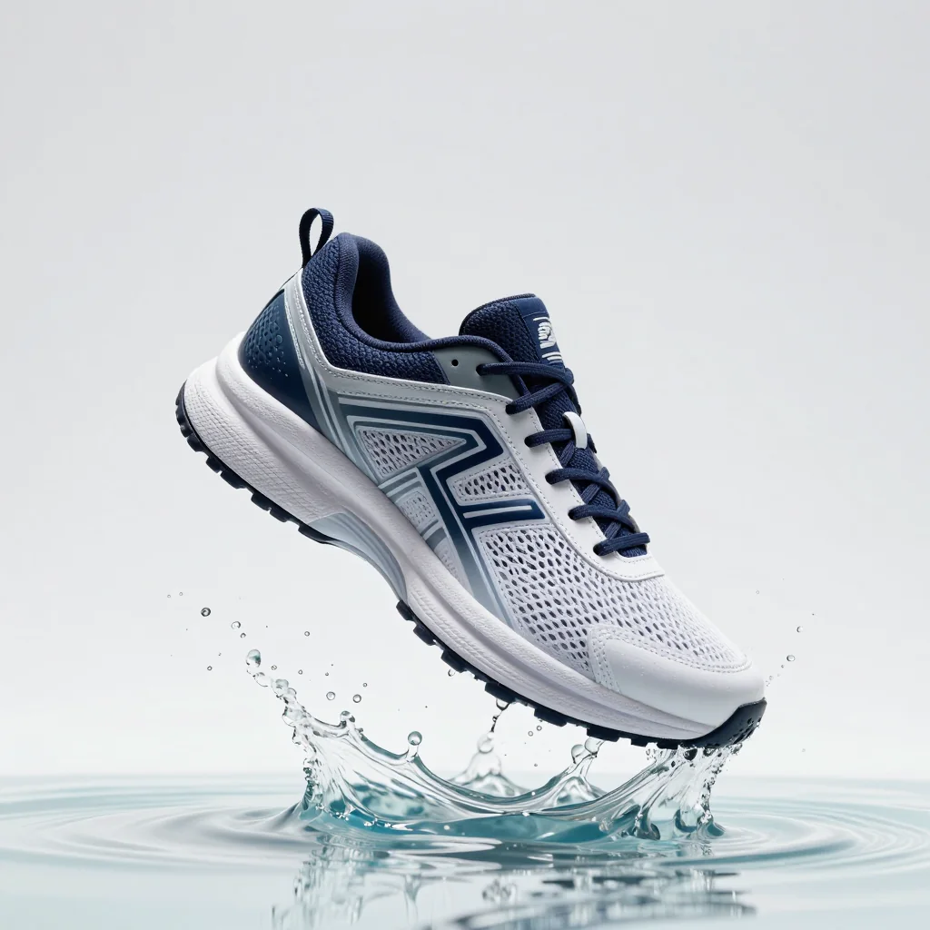 A running shoe floating over a splash of water on a bright background