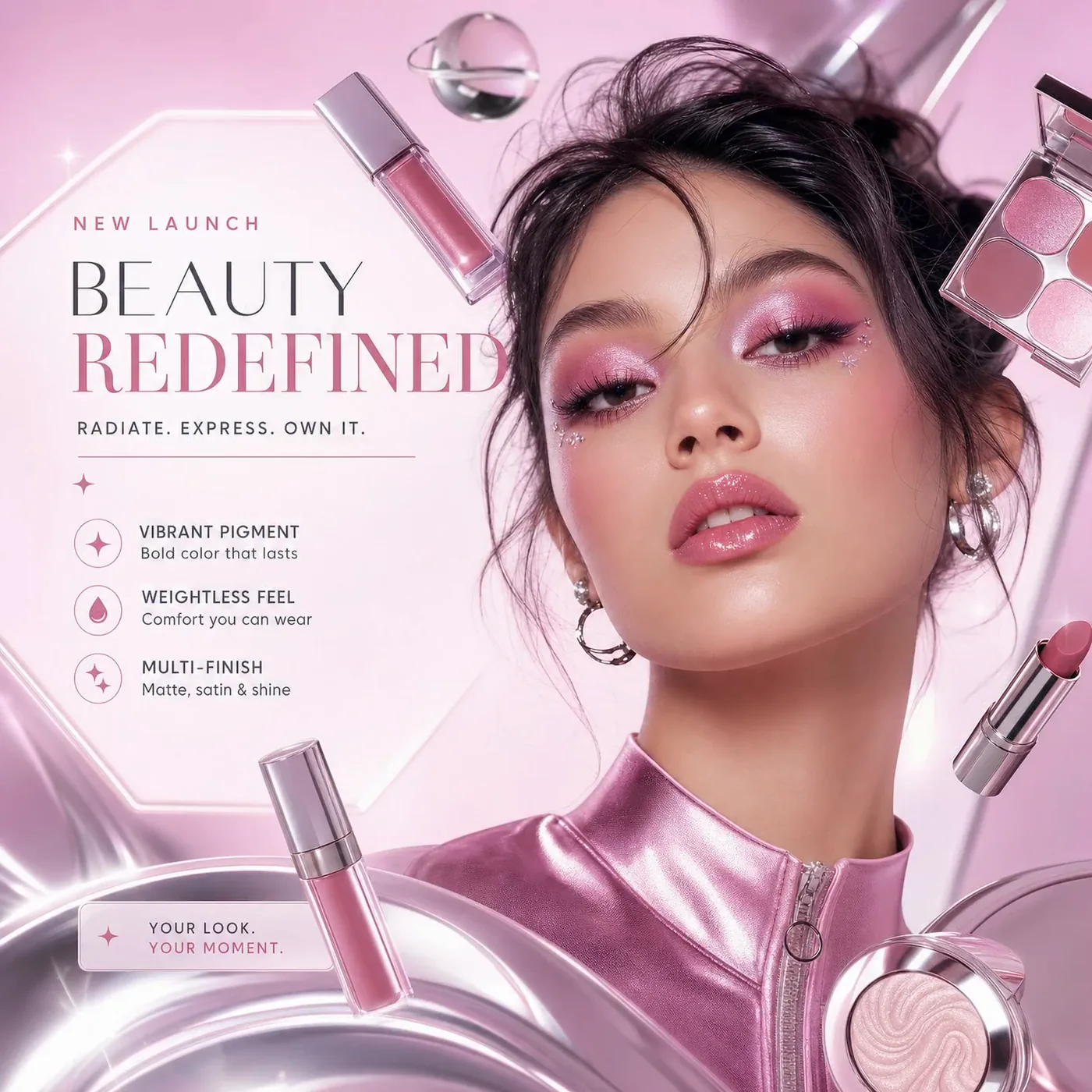 A beauty launch poster reading Beauty Redefined beside a woman in pink metallic makeup
