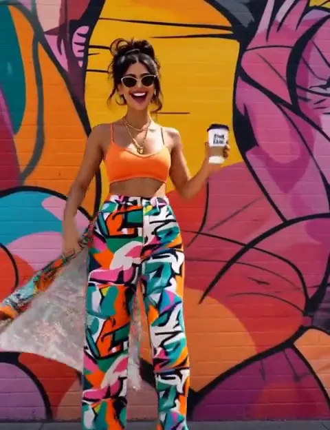 A creator turning to camera with a drink in front of a graffiti wall