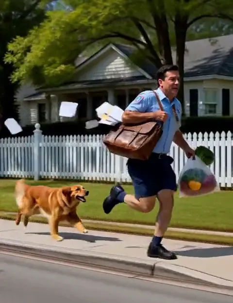 A postman running from a dog down a suburban street