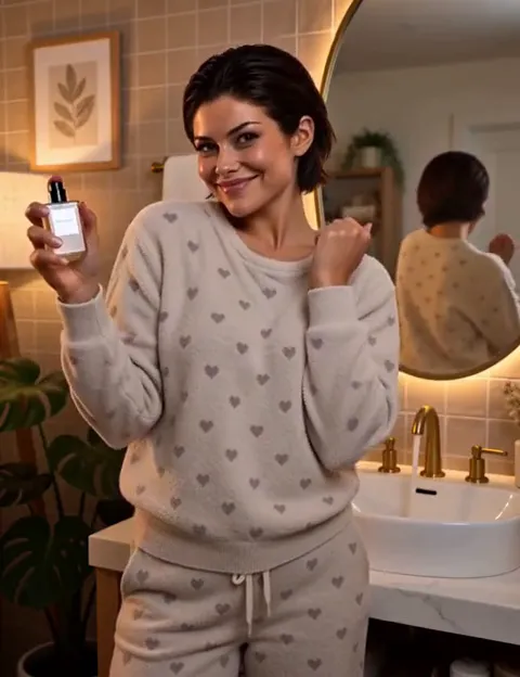A creator in pyjamas talking to camera in a bathroom