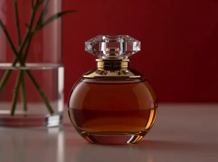 A glass perfume bottle on a red backdrop