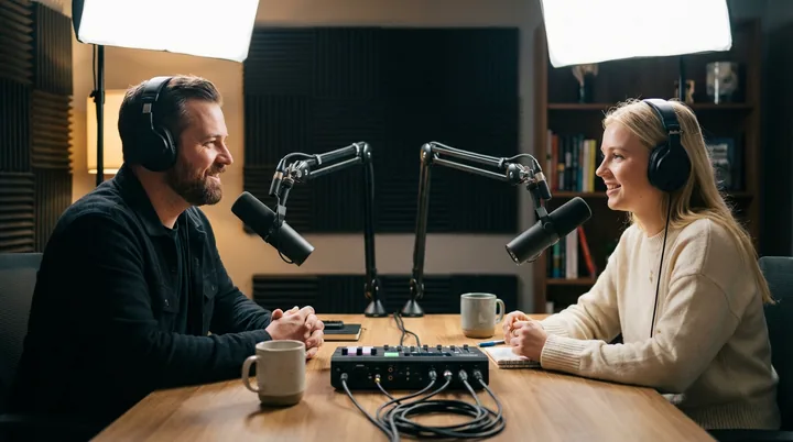 Two speakers facing each other in one frame